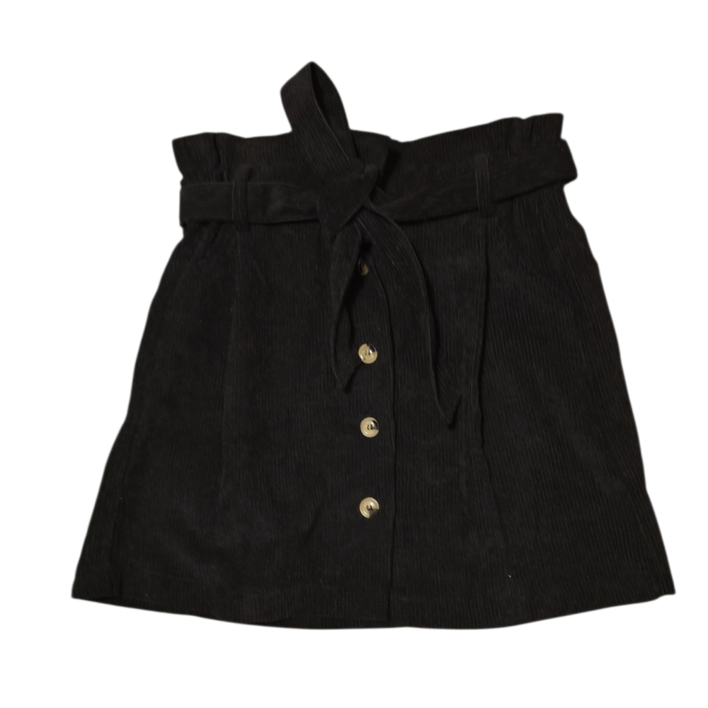 Black Button-Front Paperbag Waist Skirt